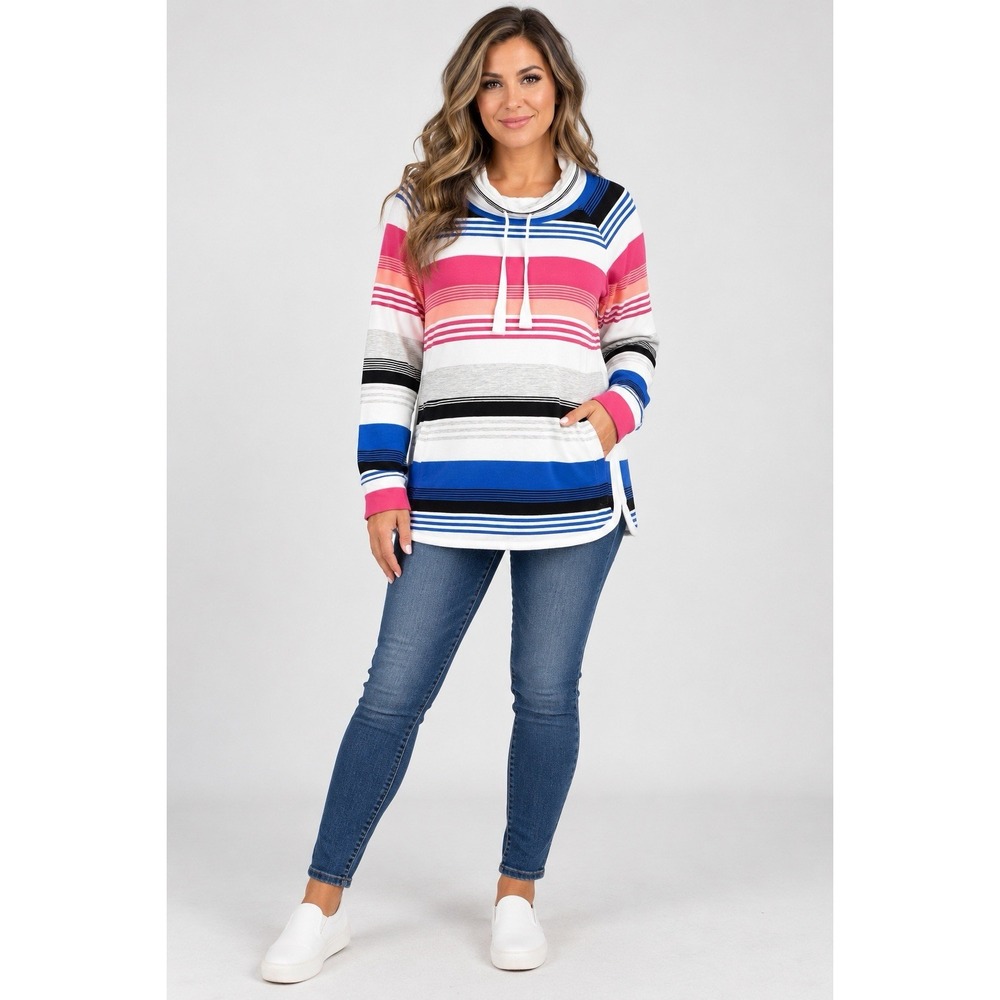 T by Talbots Women's XL Modal French Terry Pullover Cowl Neck Striped Sweatshirt